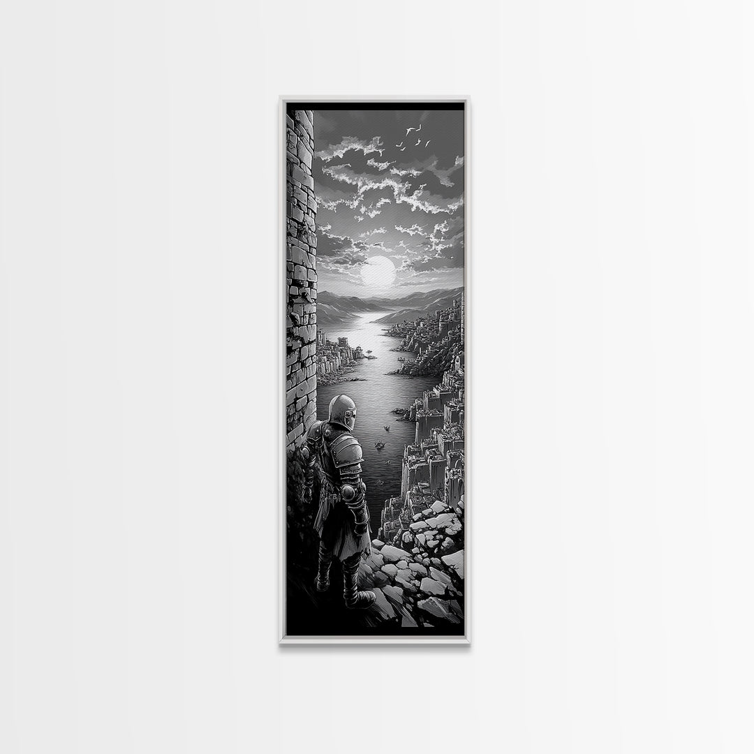 Black And White Knight Over Coastal City Wall Art, Medieval Seascape Print, Gothic Landscape, Fantasy Living Room Wall Decor
