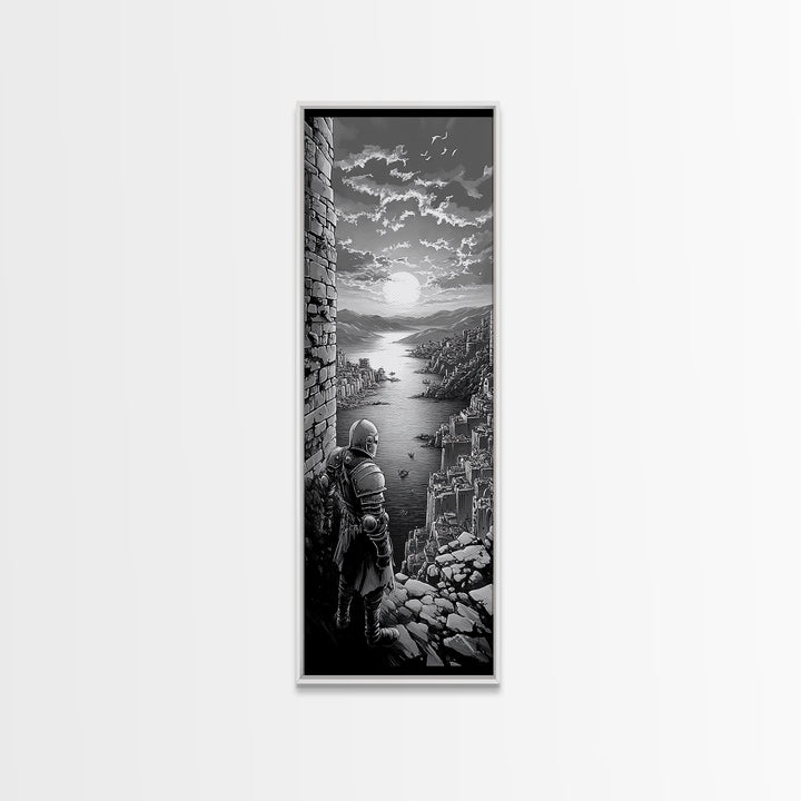 Black And White Knight Over Coastal City Wall Art, Medieval Seascape Print, Gothic Landscape, Fantasy Living Room Wall Decor