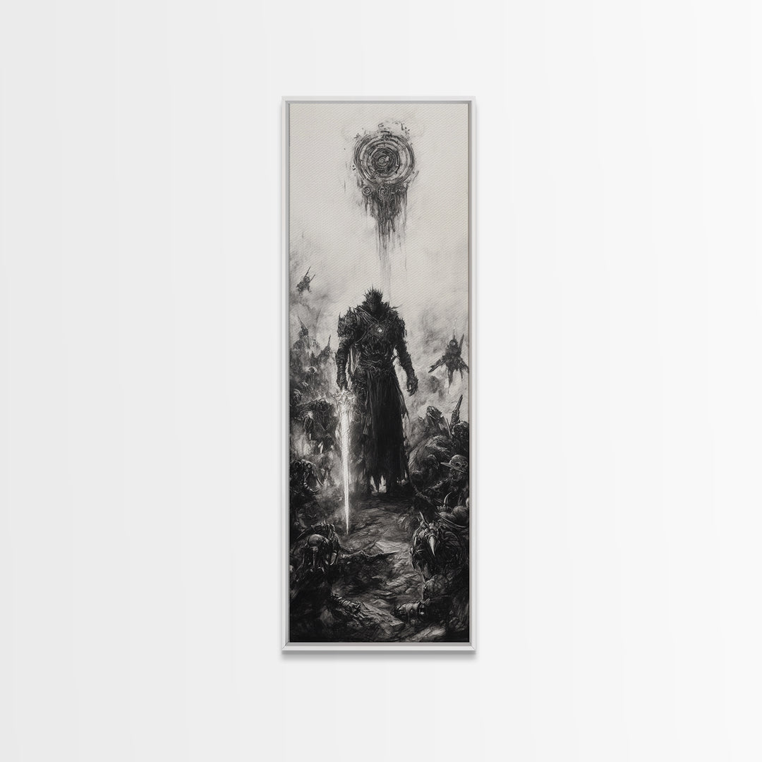 Dark Spiked Warrior Battlefield Wall Art, Gothic Fantasy Canvas Print, Black And White Surreal Art, Medieval Game Room Decor