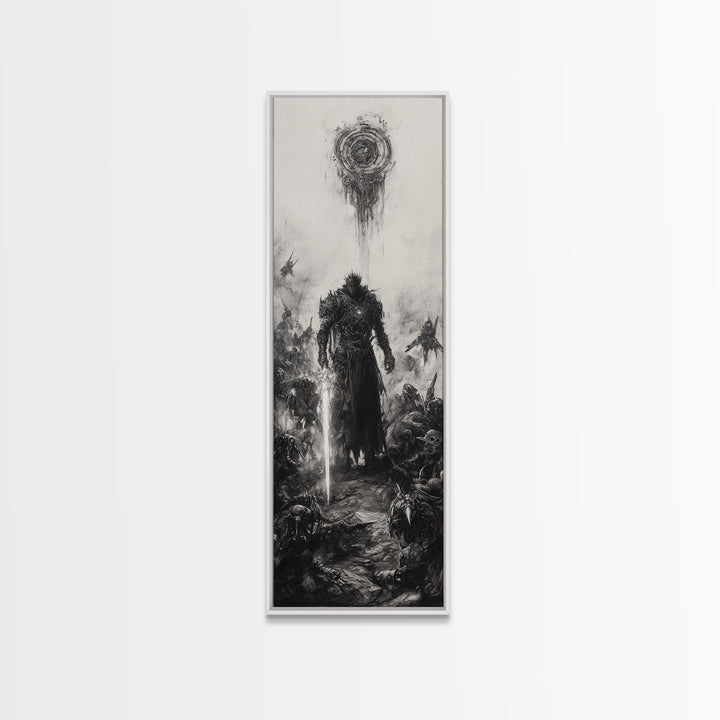 Dark Spiked Warrior Battlefield Wall Art, Gothic Fantasy Canvas Print, Black And White Surreal Art, Medieval Game Room Decor