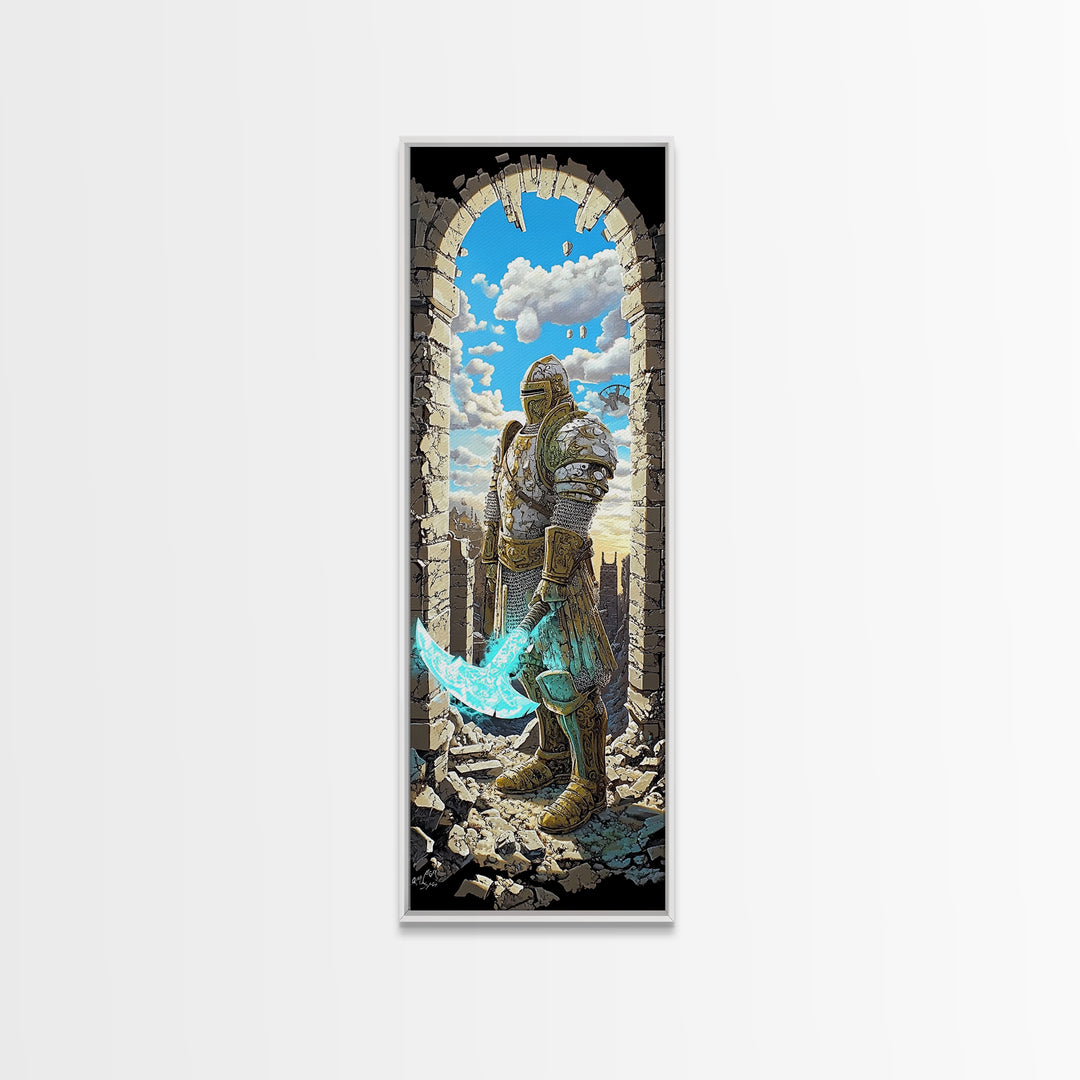 Golden Armored Knight In Ruined Arch Wall Art, Pixel Fantasy Canvas Print, Turquoise Sword Medieval Gamer Room Decor Gift