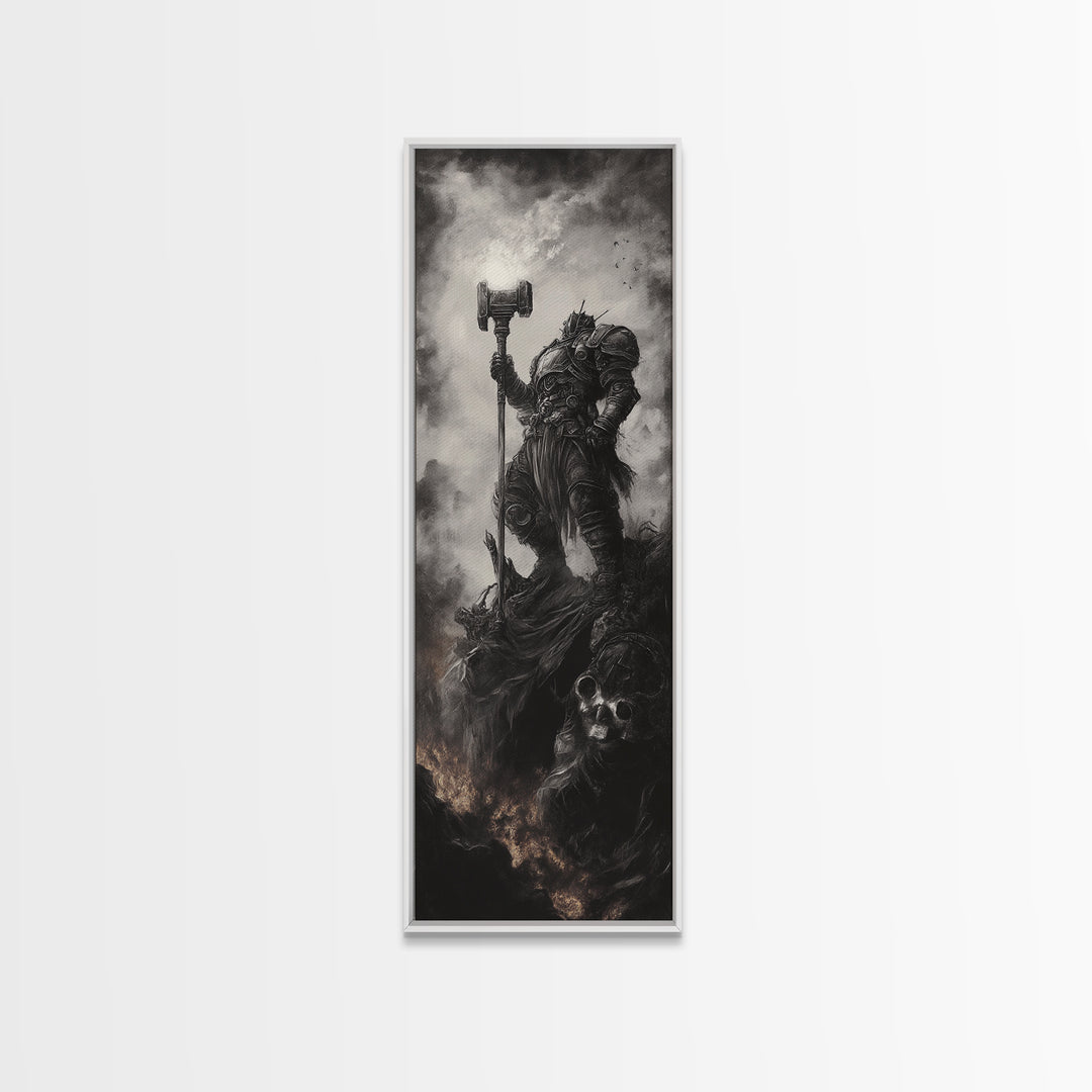 Dread Warrior With Hammer Wall Art, Dark Fantasy Canvas Print, Gothic Skull Decor, Black And White Medieval Gift For Him