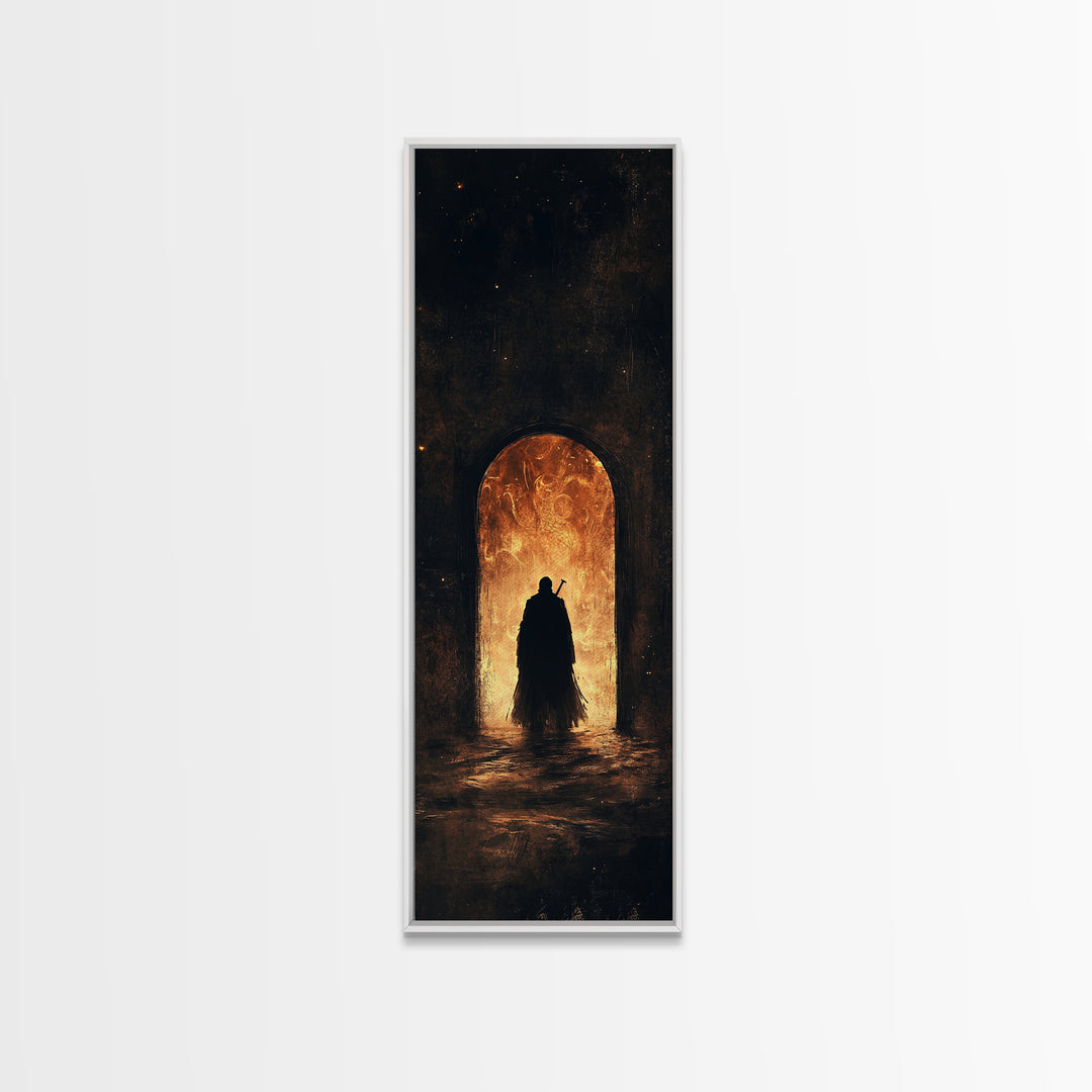 Cloaked Figure Before Fiery Portal Wall Art, Dark Fantasy Canvas Print, Gothic Arch Decor, Moody Surreal Art Gift For Him
