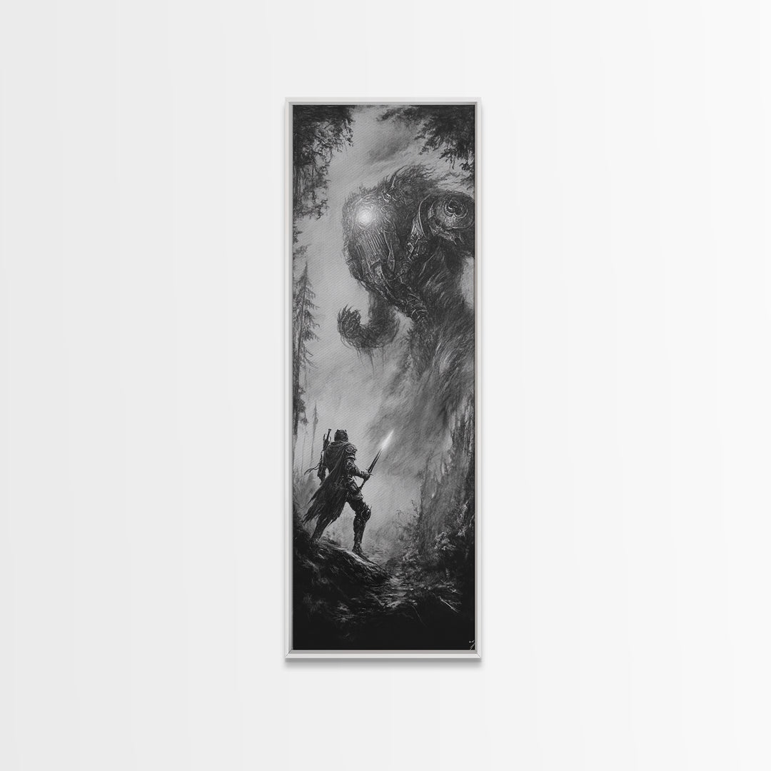 Warrior Facing Forest Giant Wall Art, Black And White Fantasy Canvas Print, Dark Surreal Creature Decor, Gothic Gift For Him