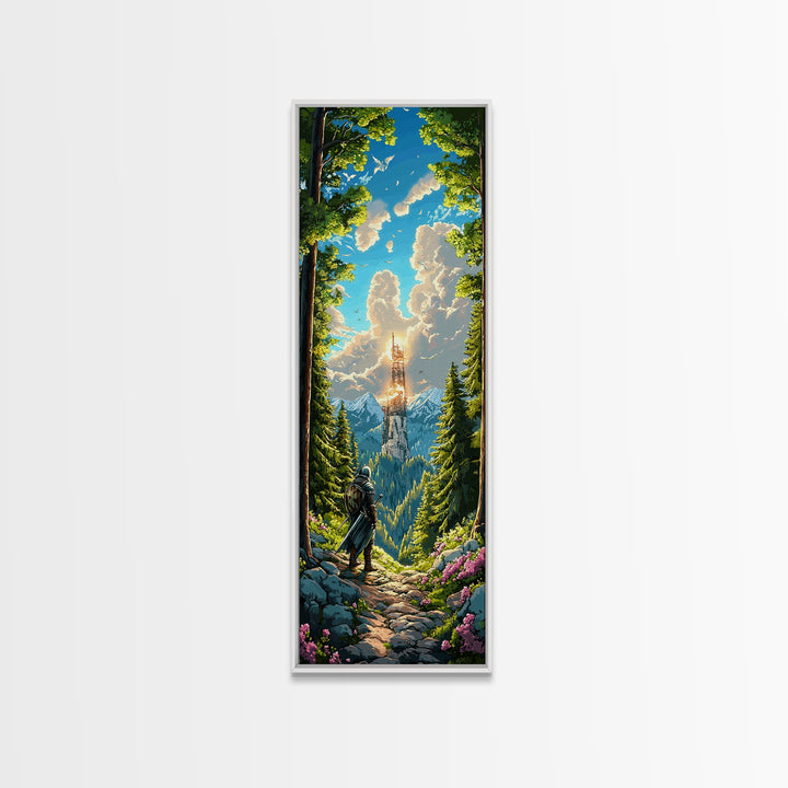 Knight In Sunlit Forest Tower Wall Art, Fantasy Landscape Canvas, Medieval Adventure Decor, Epic Mountain Living Room Print