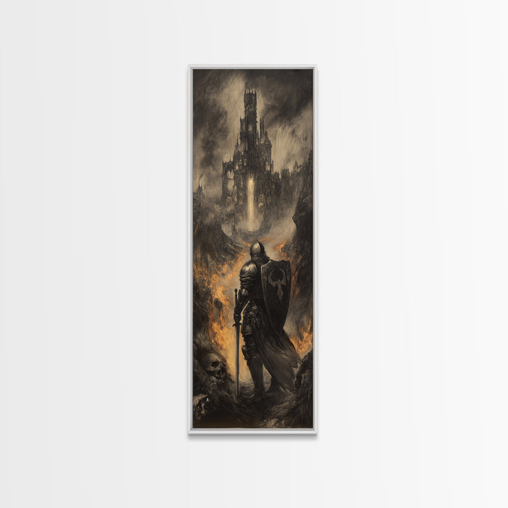 Dark Knight Before Burning Citadel Wall Art, Gothic Fantasy Print, Medieval Castle Decor, Moody Black And White Canvas Art
