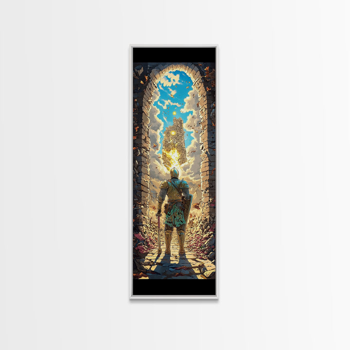 Knight At Golden Portal Framed Canvas Print, Fantasy Castle Wall Art, Medieval Adventure Decor, Magical Entryway Artwork