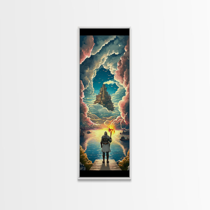 Torch Bearer Floating Castle Canvas Print, Fantasy Sky Portal Wall Art, Medieval Adventure Decor, Magical Lake Artwork Gift