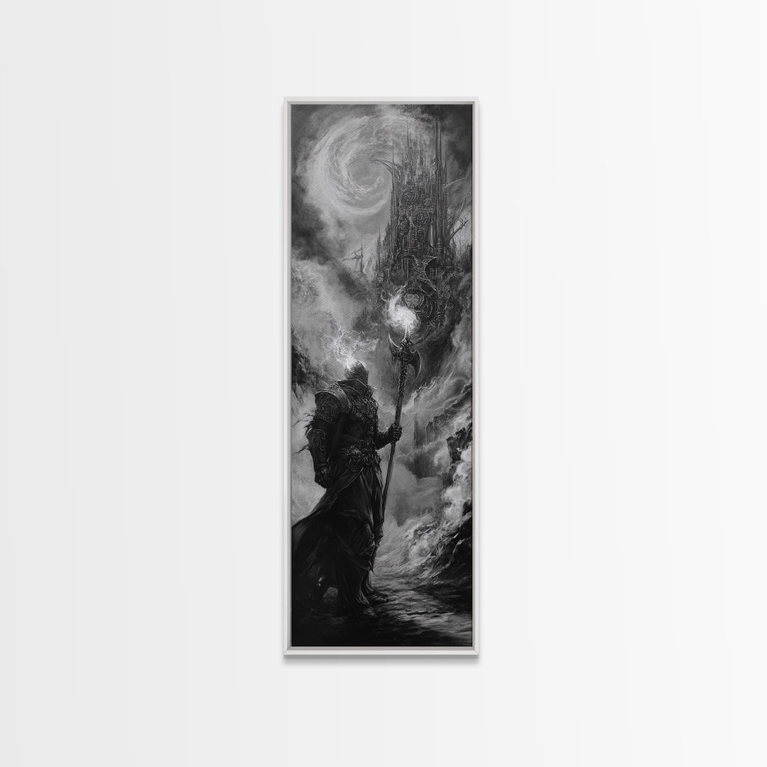 Storm Wizard And Dark Citadel Wall Art, Black And White Fantasy Canvas Print, Gothic Sorcerer Decor, Medieval Office Art