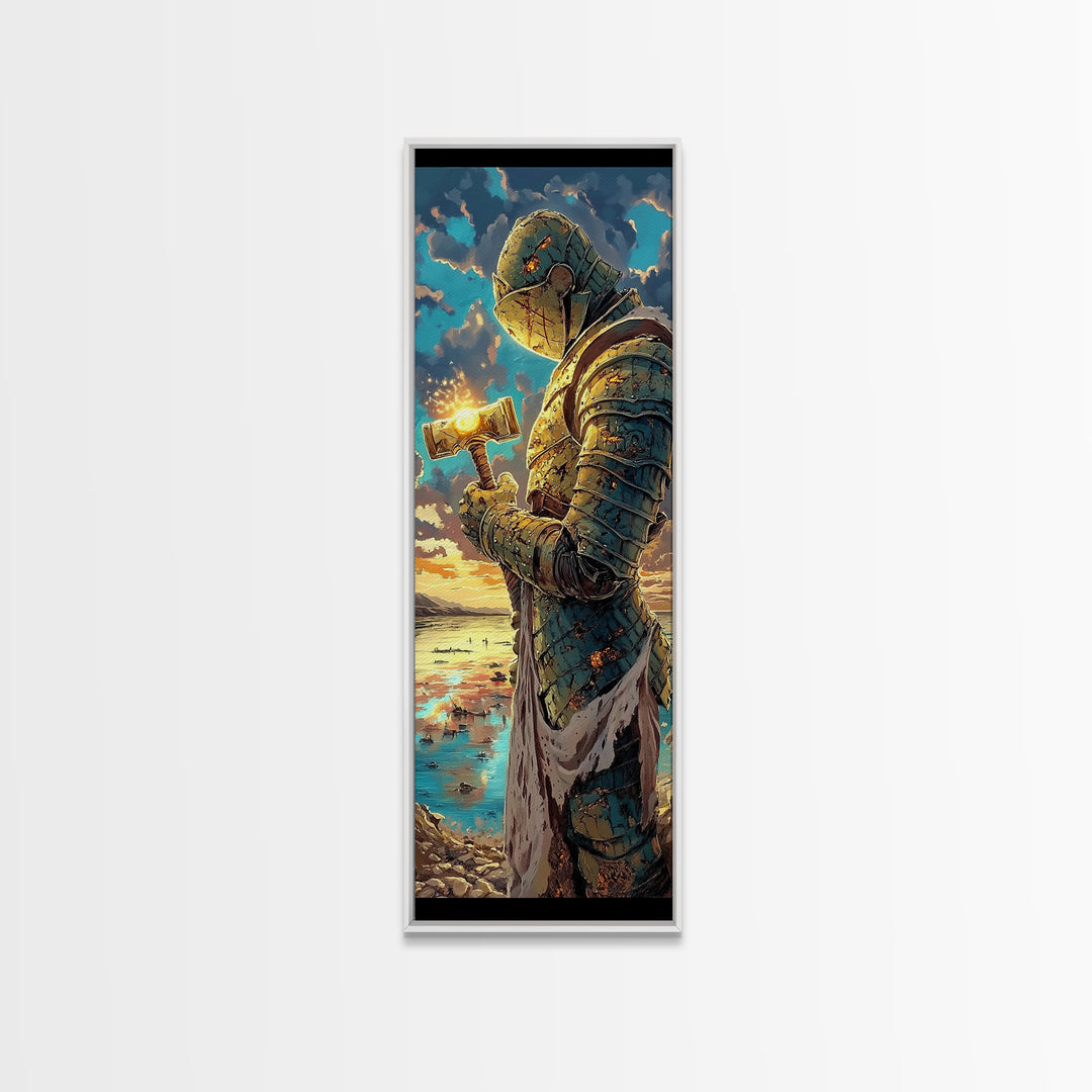 Sunset Templar Knight Holding Glowing Hammer, Fantasy Framed Canvas Print, Medieval Coastal Wall Decor, Gift For Him, Living Room Art