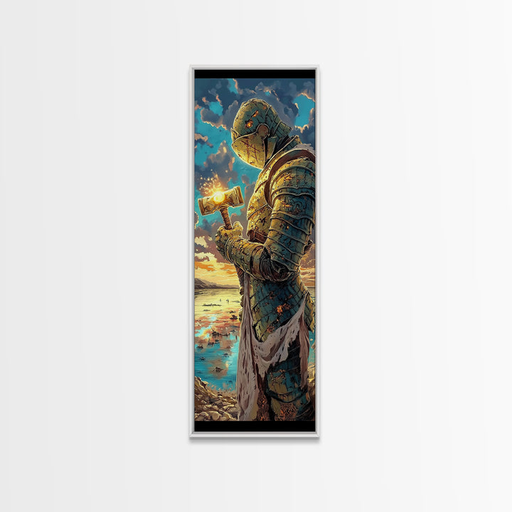 Sunset Templar Knight Holding Glowing Hammer, Fantasy Framed Canvas Print, Medieval Coastal Wall Decor, Gift For Him, Living Room Art