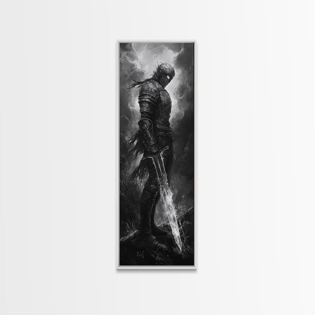 Storm Worn Dark Knight With Lightning Sword, Black And White Canvas Print, Gothic Fantasy Wall Art, Moody Medieval Decor