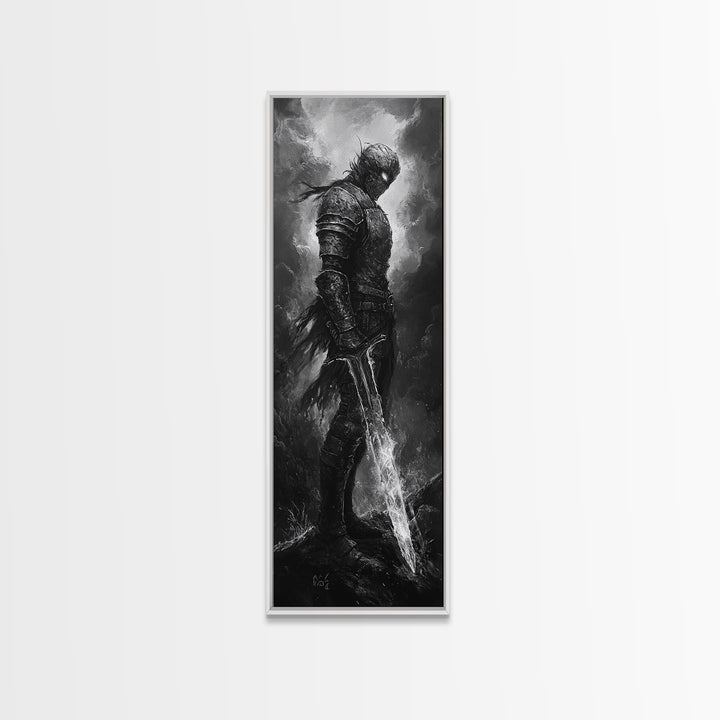 Storm Worn Dark Knight With Lightning Sword, Black And White Canvas Print, Gothic Fantasy Wall Art, Moody Medieval Decor