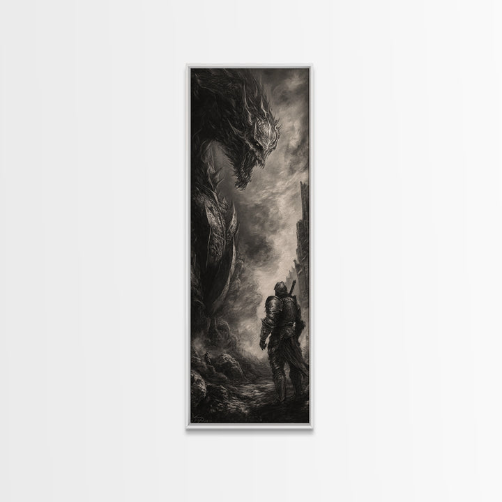 Lone Knight Facing Ancient Dragon In Ruins, Dark Fantasy Wall Art, Black And White Medieval Canvas, Gothic Office Decor Print