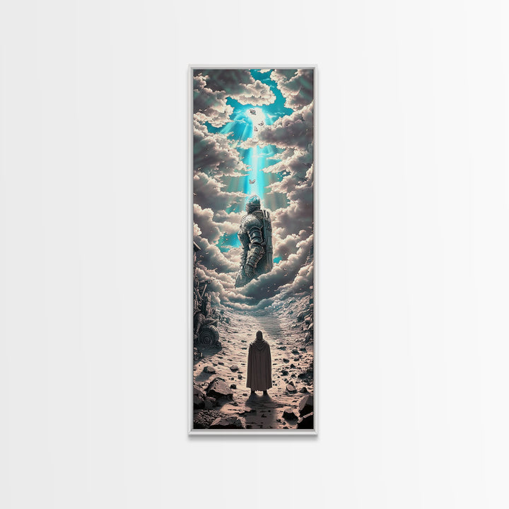 Floating Armored Knight Ascending Through Clouds, Celestial Fantasy Framed Canvas Print, Surreal Wall Art, Dreamy Room Decor