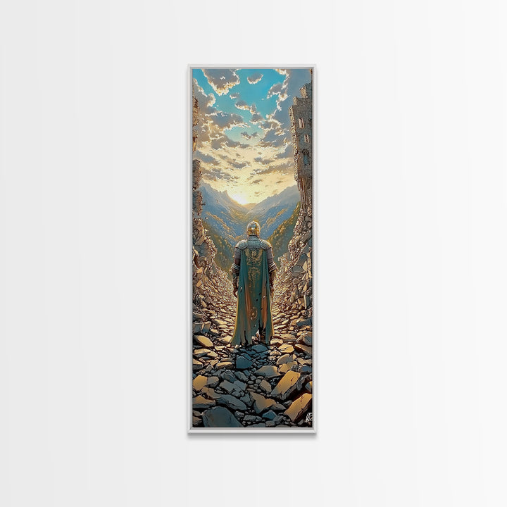 Knight Overlooking Golden Mountain Valley, Medieval Fantasy Canvas Print, Landscape Wall Art, Adventure Home Decor Gift For Him