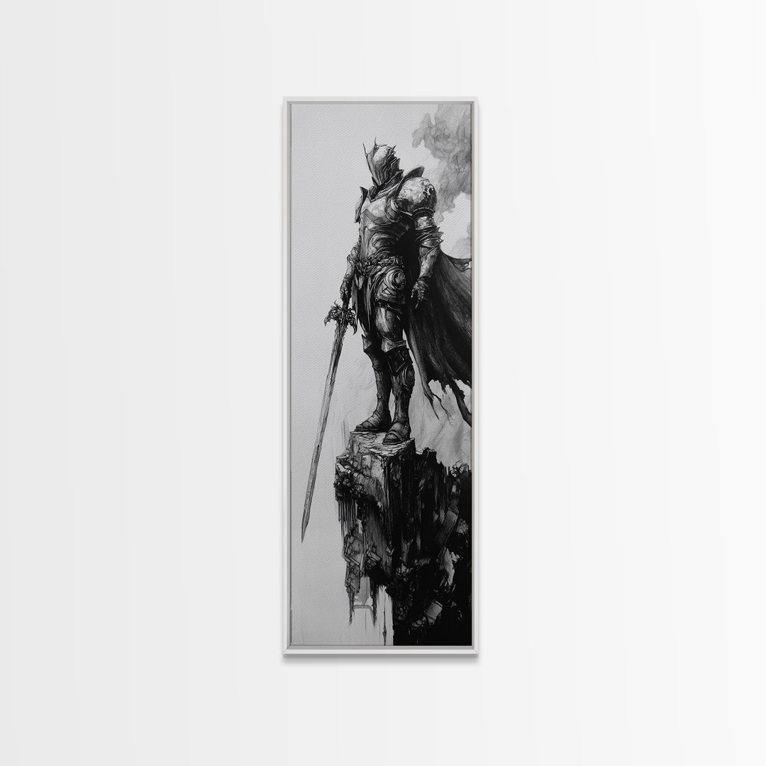 Skeletal Knight On Crumbling Cliff With Long Sword, Black And White Wall Art, Gothic Fantasy Canvas Print, Dark Medieval Decor