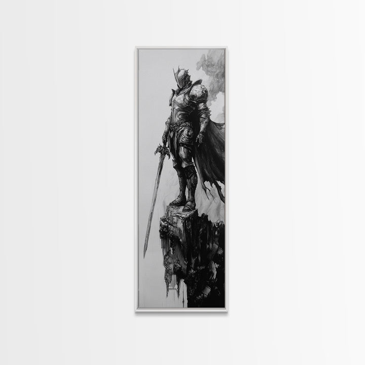 Skeletal Knight On Crumbling Cliff With Long Sword, Black And White Wall Art, Gothic Fantasy Canvas Print, Dark Medieval Decor