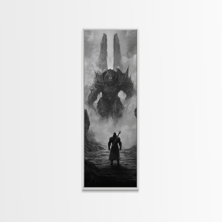 Warrior Facing Misty Armored Colossus, Dark Fantasy Wall Art, Black And White Framed Canvas Print, Epic Game Room Decor Gift