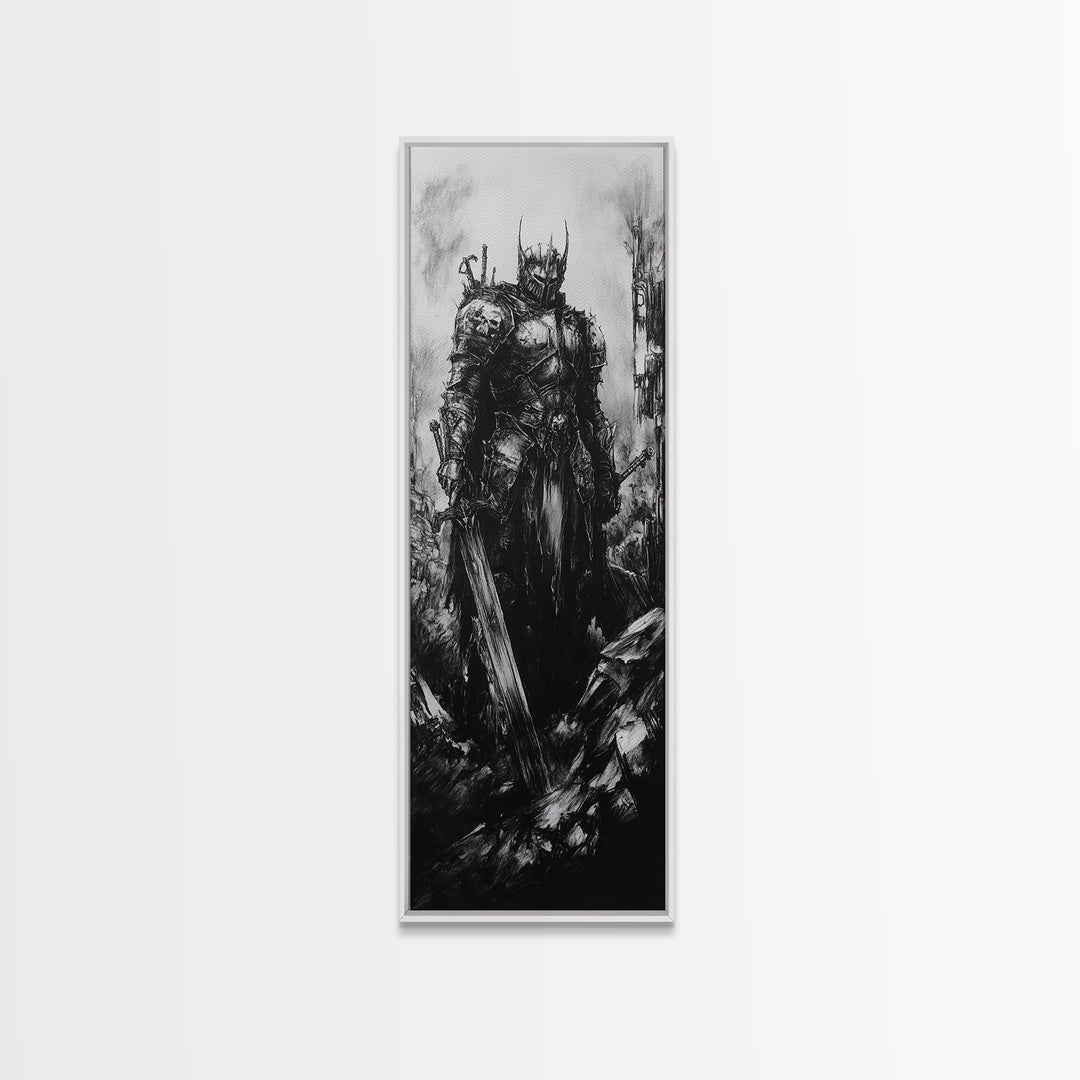 Crowned Dark Knight With Massive Sword In Ruins, Gothic Fantasy Canvas Print, Black And White Wall Art, Dark Academia Decor