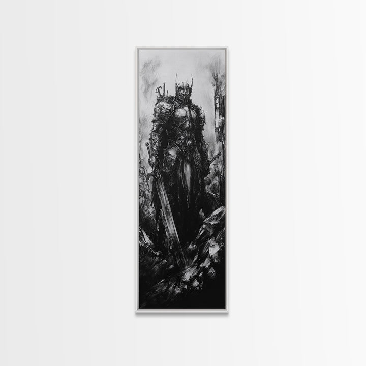 Crowned Dark Knight With Massive Sword In Ruins, Gothic Fantasy Canvas Print, Black And White Wall Art, Dark Academia Decor