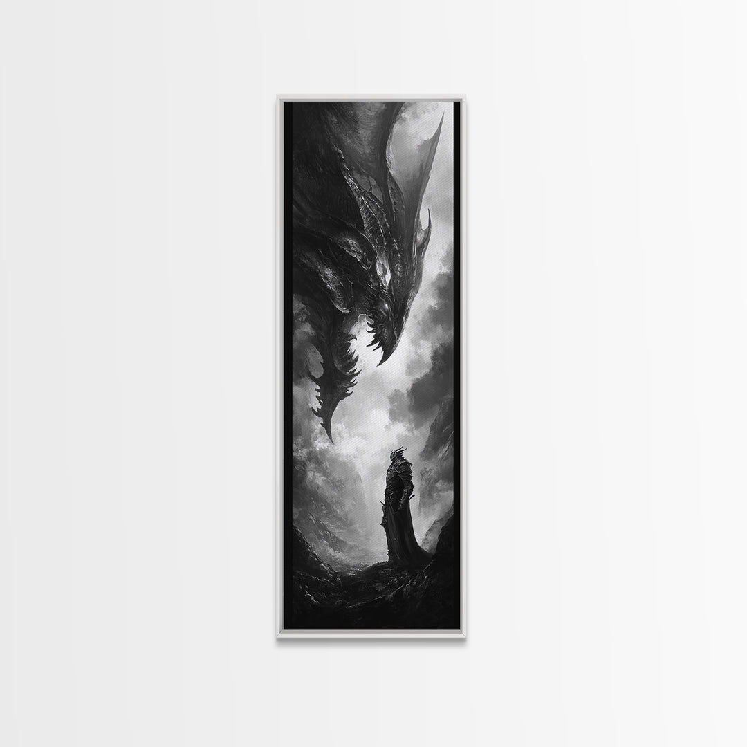 Monochrome Dragon And Lone Knight Wall Art, Dark Fantasy Art Print, Gothic Wall Decor, Black And White Art, Gamer Room Decor
