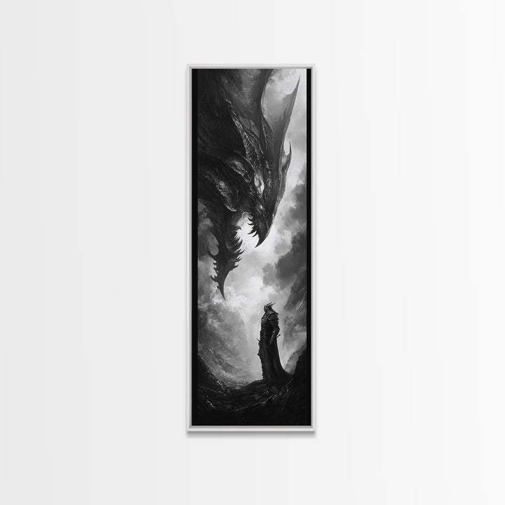 Monochrome Dragon And Lone Knight Wall Art, Dark Fantasy Art Print, Gothic Wall Decor, Black And White Art, Gamer Room Decor