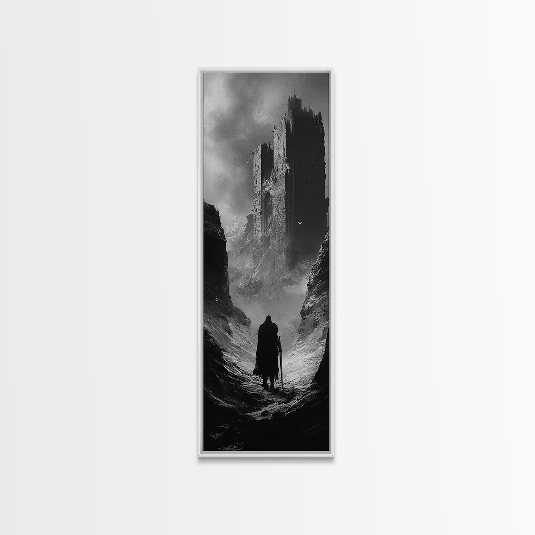 Misty Black Castle Valley With Lone Traveler Wall Art, Dark Academia Decor, Gothic Landscape, Black And White Fantasy Print