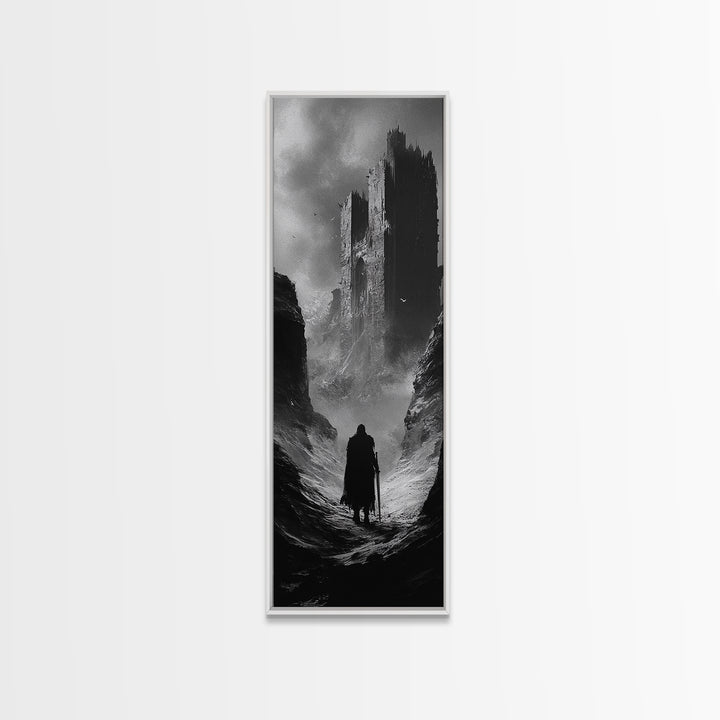 Misty Black Castle Valley With Lone Traveler Wall Art, Dark Academia Decor, Gothic Landscape, Black And White Fantasy Print