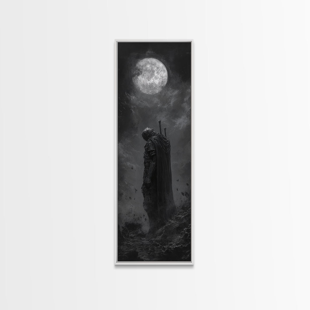 Lone Knight Beneath Full Moon Wall Art, Black And White Fantasy Art, Dark Gothic Decor, Moody Wall Art For Bedroom Canvas Print