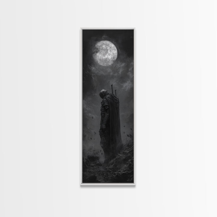 Lone Knight Beneath Full Moon Wall Art, Black And White Fantasy Art, Dark Gothic Decor, Moody Wall Art For Bedroom Canvas Print