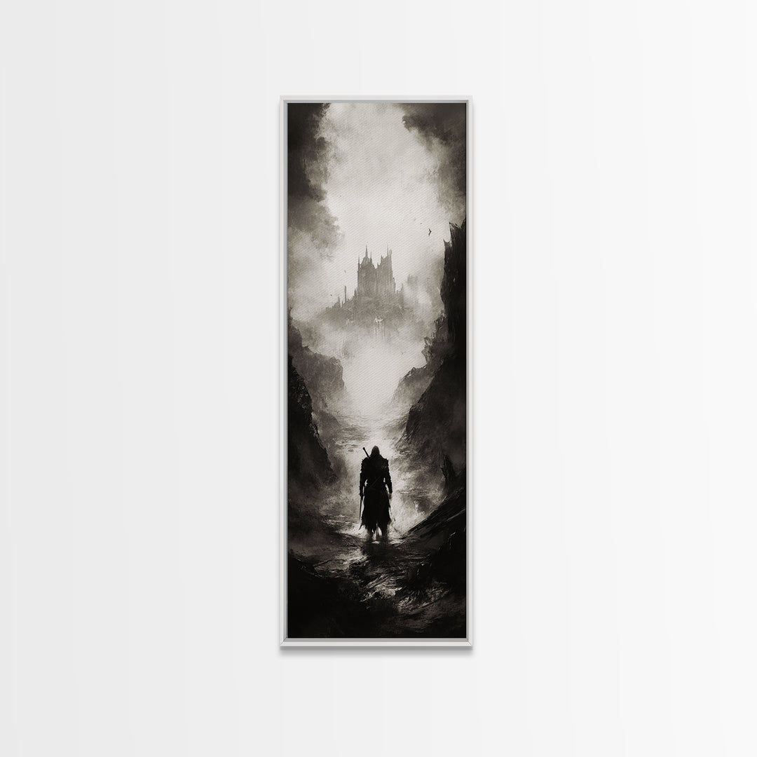 Cloaked Wanderer Approaching Misty Castle Wall Art, Dark Fantasy Print, Gothic Wall Decor, Black And White Landscape Art