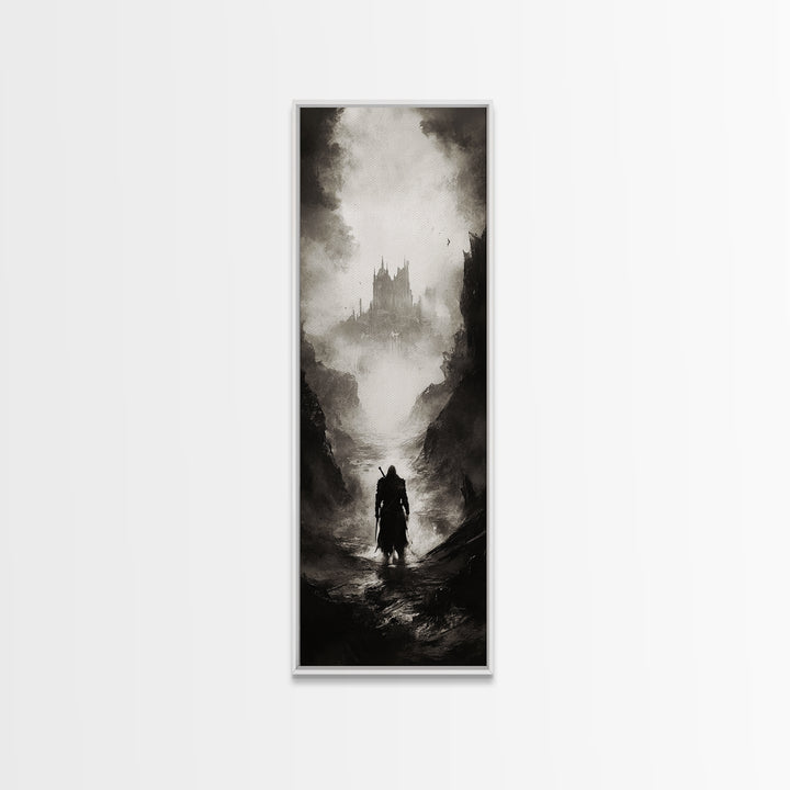 Cloaked Wanderer Approaching Misty Castle Wall Art, Dark Fantasy Print, Gothic Wall Decor, Black And White Landscape Art