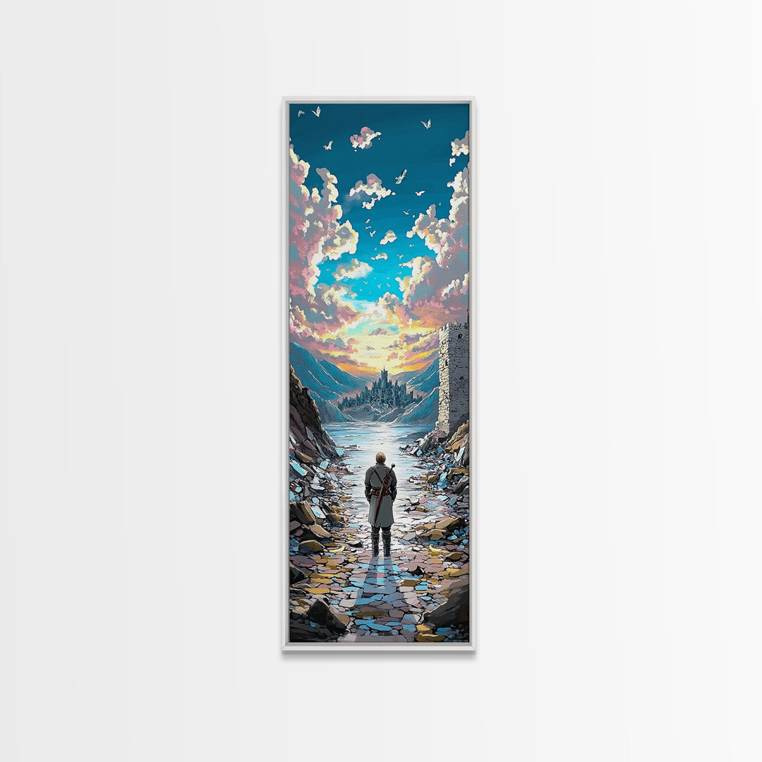 Lone Traveler In Snowy Mountain Valley, Birds And Sunset Fantasy Wall Art, Vertical Canvas Print, Nature Landscape Decor