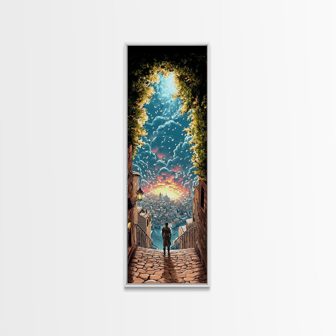 Cobblestone Stairway To Glowing Coastal City, Birds And Sunset Canvas Print, Fantasy Wall Art, Travel Inspired Home Decor