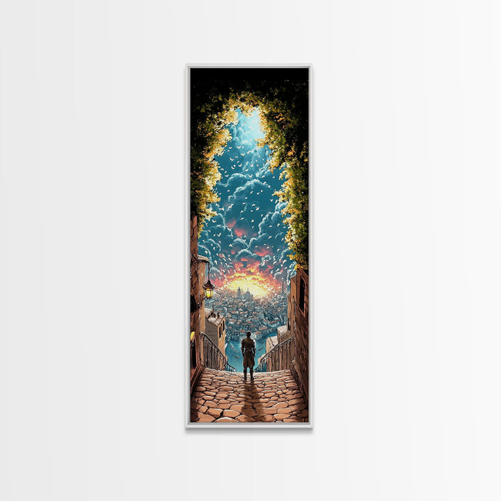 Cobblestone Stairway To Glowing Coastal City, Birds And Sunset Canvas Print, Fantasy Wall Art, Travel Inspired Home Decor