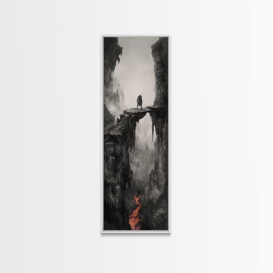 Warrior Above Lava Chasm In Dark Canyon, Black And White Wall Art, Gothic Fantasy Canvas Print, Moody Landscape Home Decor