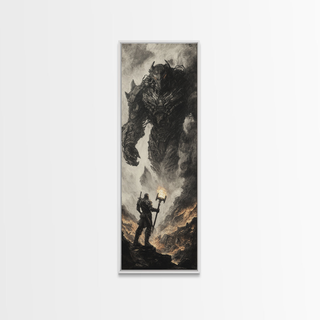 Torch Bearer Facing Colossal Demon, Dark Fantasy Wall Art, Gothic Canvas Print, Dramatic Warrior Statement Artwork Home Decor