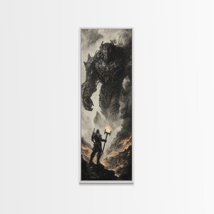 Torch Bearer Facing Colossal Demon, Dark Fantasy Wall Art, Gothic Canvas Print, Dramatic Warrior Statement Artwork Home Decor