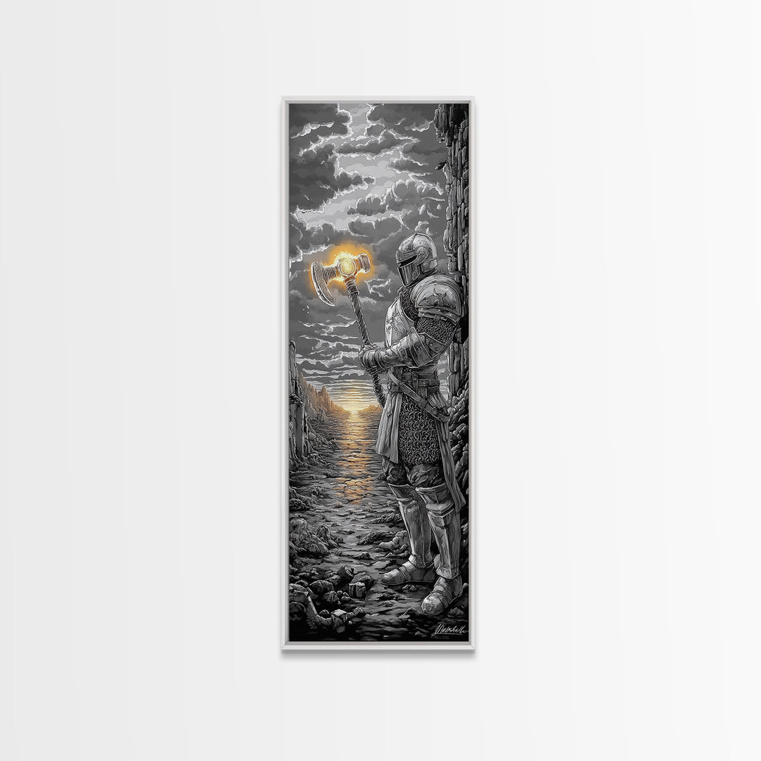Armored Knight With Glowing Axe On Stormy Shore, Black And White Wall Art, Medieval Fantasy Canvas Print, Masculine Decor