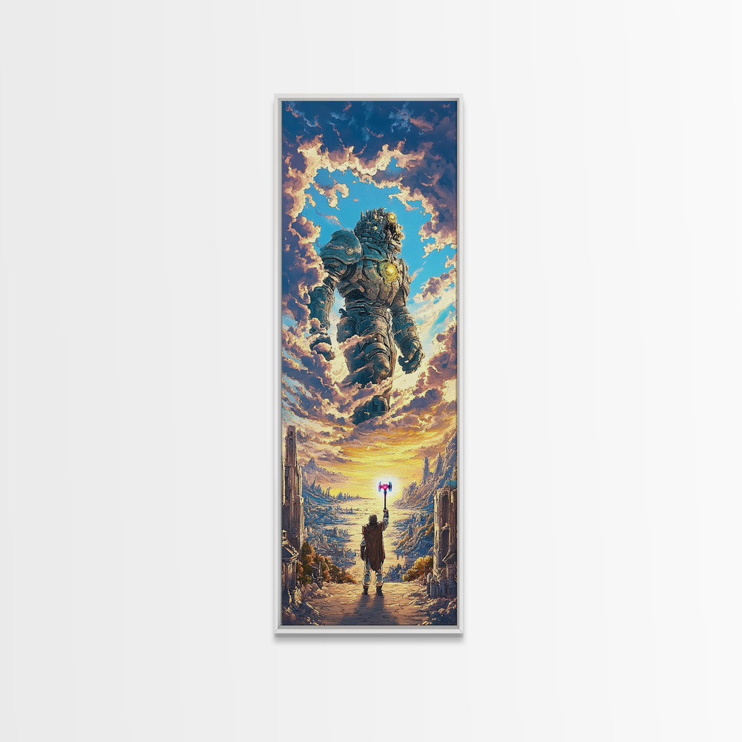 Floating Stone Giant Guardian At Sunset, Fantasy Wall Art, Large Canvas Wall Art, Epic Landscape Print, Gaming Room Decor Gift