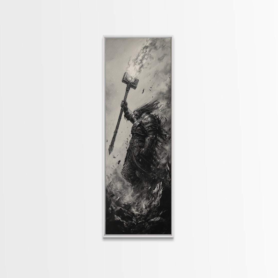 Dark Hammer Warrior In Storm, Black And White Wall Art, Gothic Fantasy Art Print, Medieval Office Decor, Gift For Him, Dark Academia Decor