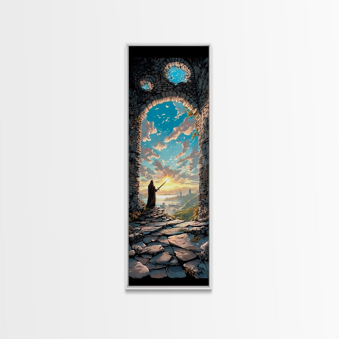 Cloaked Wizard In Ruined Archway At Sunset, Fantasy Wall Art, Medieval Landscape Print, Whimsical Office Decor Gift, Living Room Decor