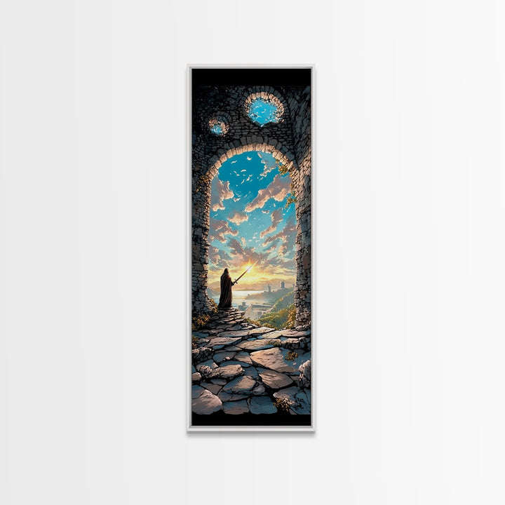 Cloaked Wizard In Ruined Archway At Sunset, Fantasy Wall Art, Medieval Landscape Print, Whimsical Office Decor Gift, Living Room Decor