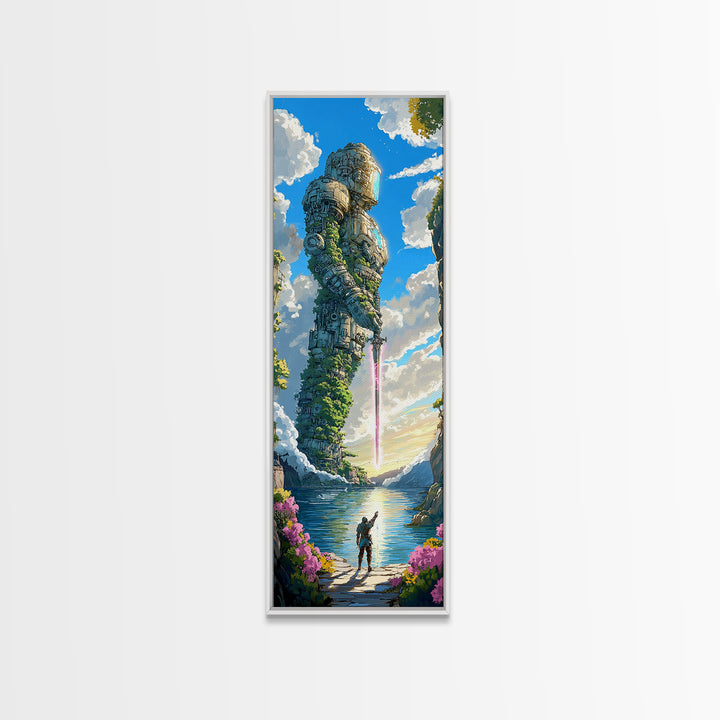 Moss Covered Giant Robot With Pink Sword, Fantasy Wall Art, Japandi Landscape Print, Nature Inspired Living Room Decor Gift