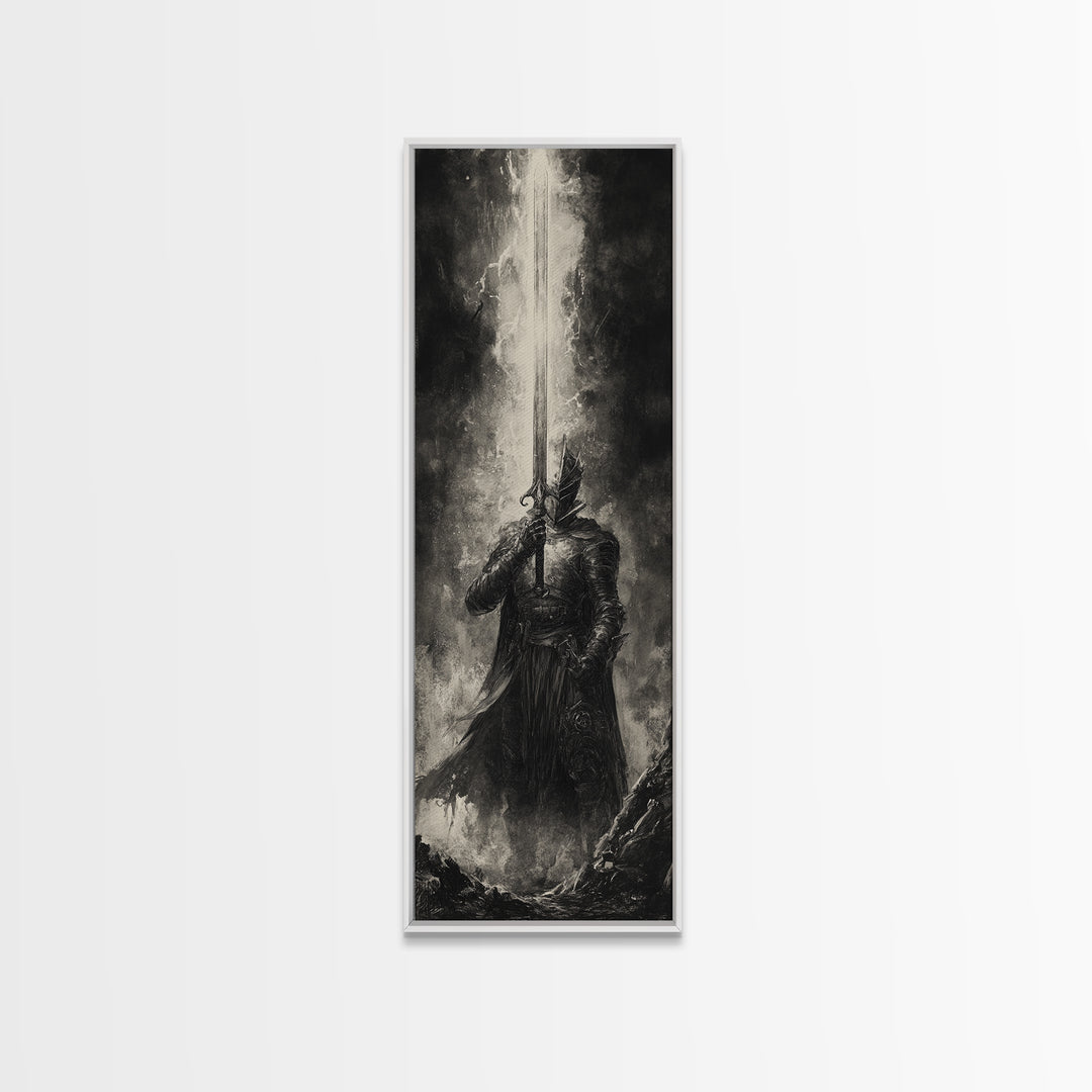 Black And White Knight With Glowing Sword, Dark Fantasy Wall Art, Gothic Canvas Print, Medieval Decor, Masculine Office Art Gift