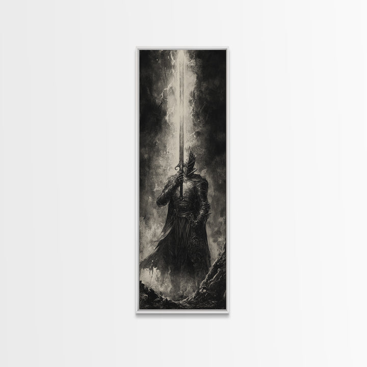 Black And White Knight With Glowing Sword, Dark Fantasy Wall Art, Gothic Canvas Print, Medieval Decor, Masculine Office Art Gift