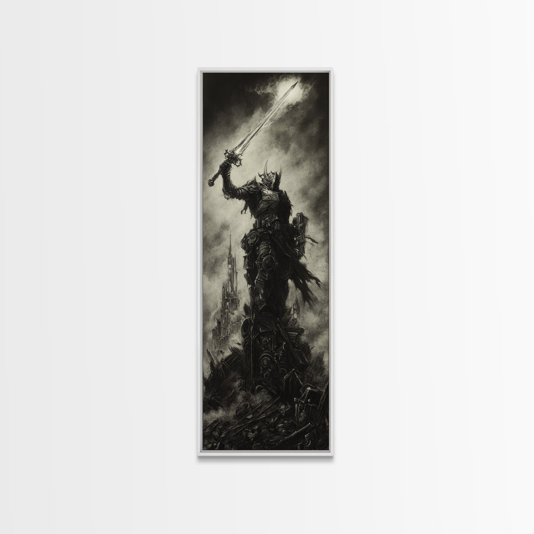 Dark Armored Warrior Raising Sword By Ruined Castle, Gothic Wall Art, Black And White Fantasy Print, Man Cave Decor Gift For Him