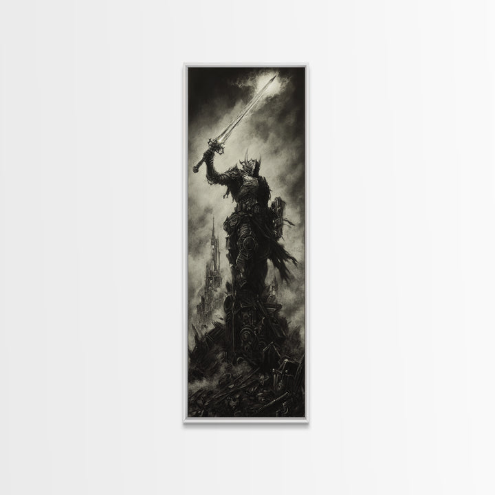 Dark Armored Warrior Raising Sword By Ruined Castle, Gothic Wall Art, Black And White Fantasy Print, Man Cave Decor Gift For Him