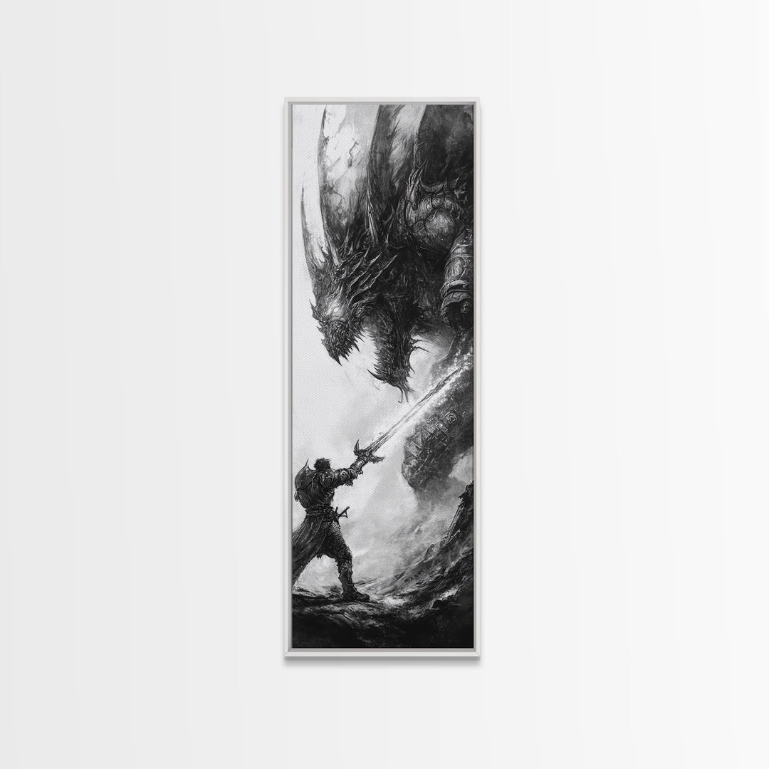 Warrior Facing Massive Dragon In Black And White, Dark Fantasy Wall Art, Gothic Canvas Print, Epic Monster Decor Gift For Him